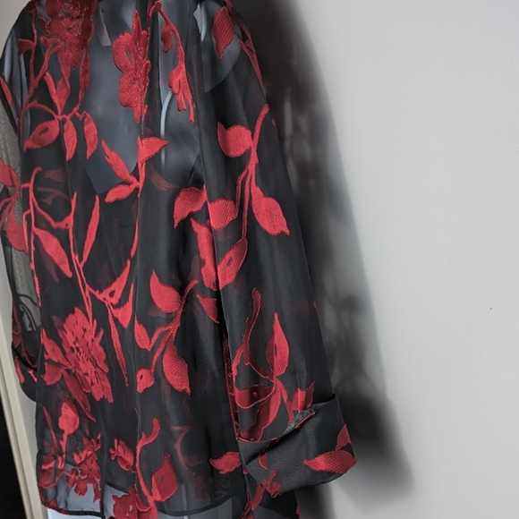Alex Evenings Metallic Sheer Floral Red Black Burnout Chiffon Jacket & Cami Set - Picture 11 of 16